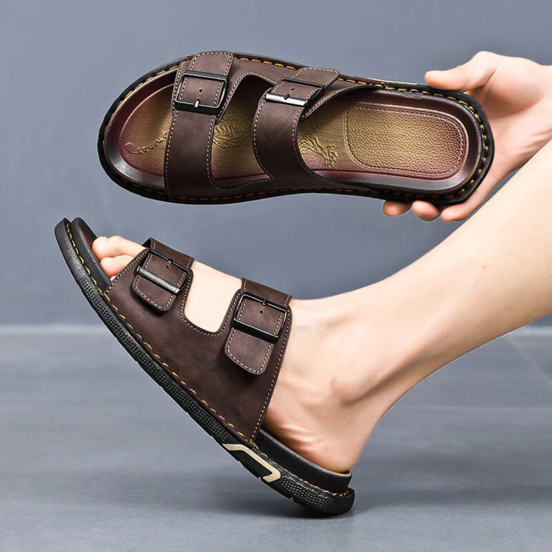 Atlas double strap leather sandals with adjustable buckles, cushioned insole, and polished everyday style