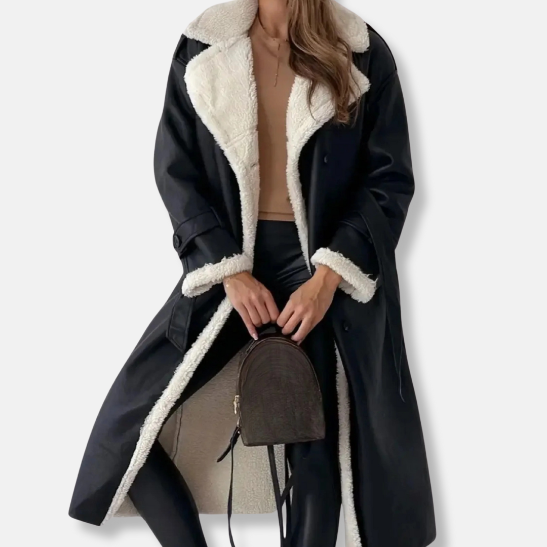 Women's long double-breasted oversized coat with plush lined collar, cuffs, and tie belt