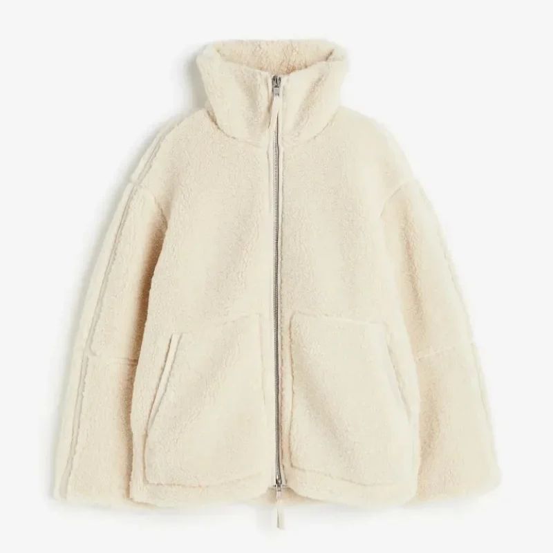 Tory oversized teddy jacket beige high collar plush interior cozy winter outerwear