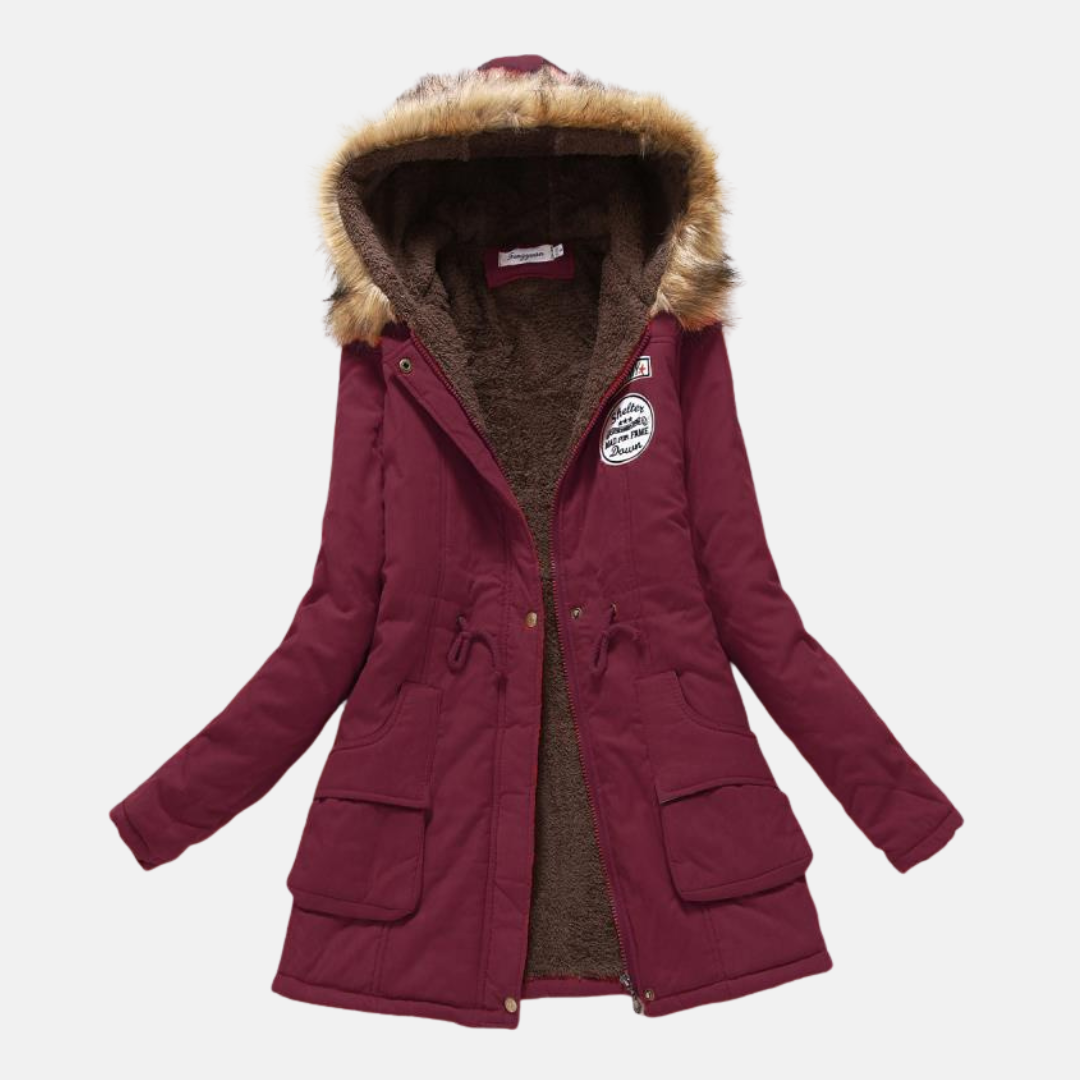 Women's tailored fit parka jacket with fleece lining and faux fur hood zip closure