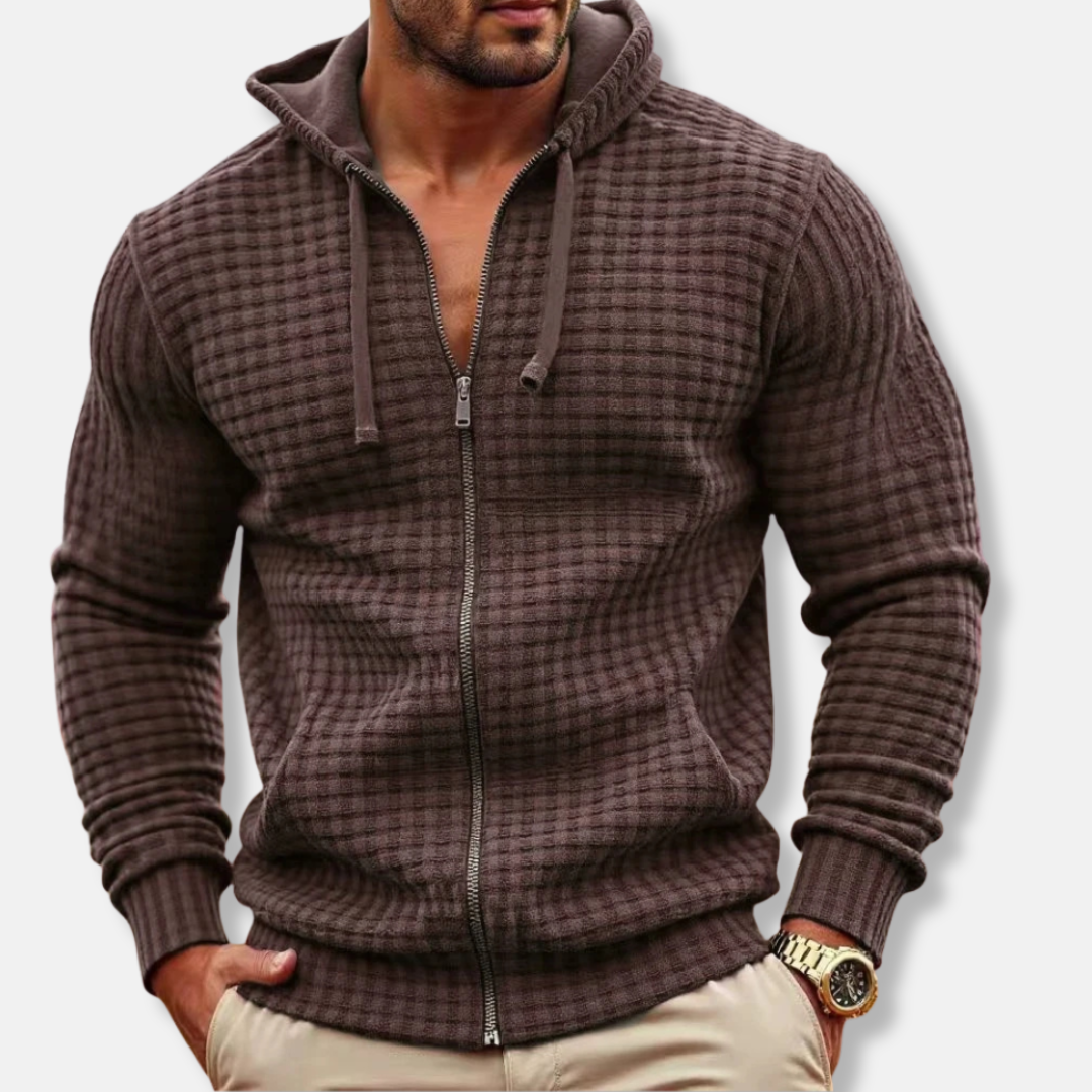 Men's gray zip-front cotton-blend hoodie regular fit with textured grid pattern