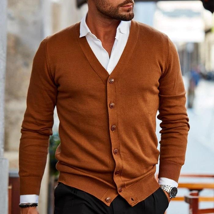 Men's Nordic knit cardigan in cozy neutral tones, structured pattern, versatile fall layering jacket by Wavlynn