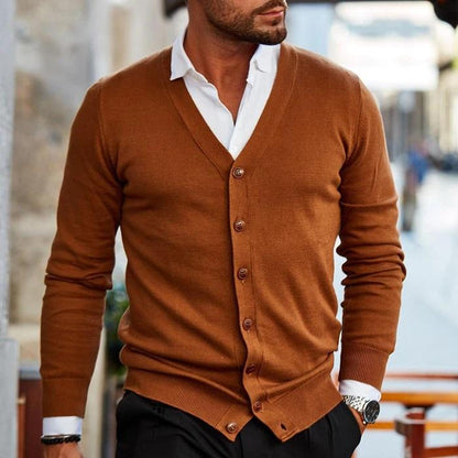 Men's Nordic knit cardigan in cozy neutral tones, structured pattern, versatile fall layering jacket by Wavlynn