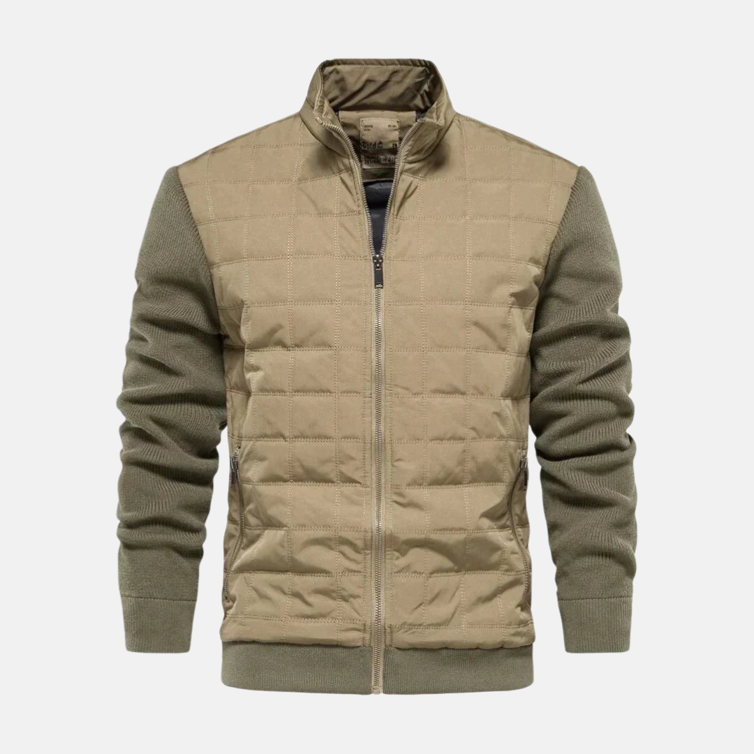 Men's black bomber jacket quilted front panels knit sleeves modern fit everyday casual style