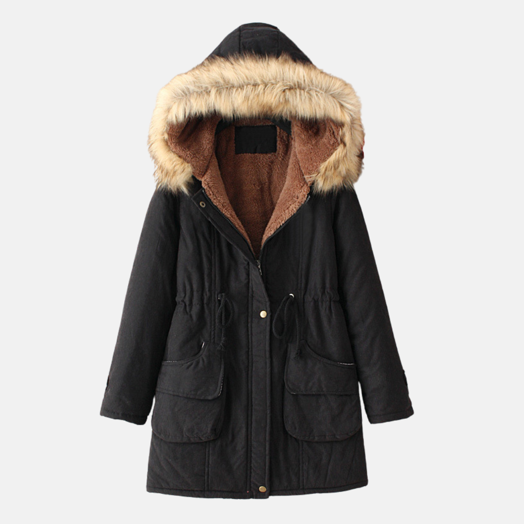 Women's slim fit parka coat with sherpa lining, faux fur hood, and drawstring waist for winter