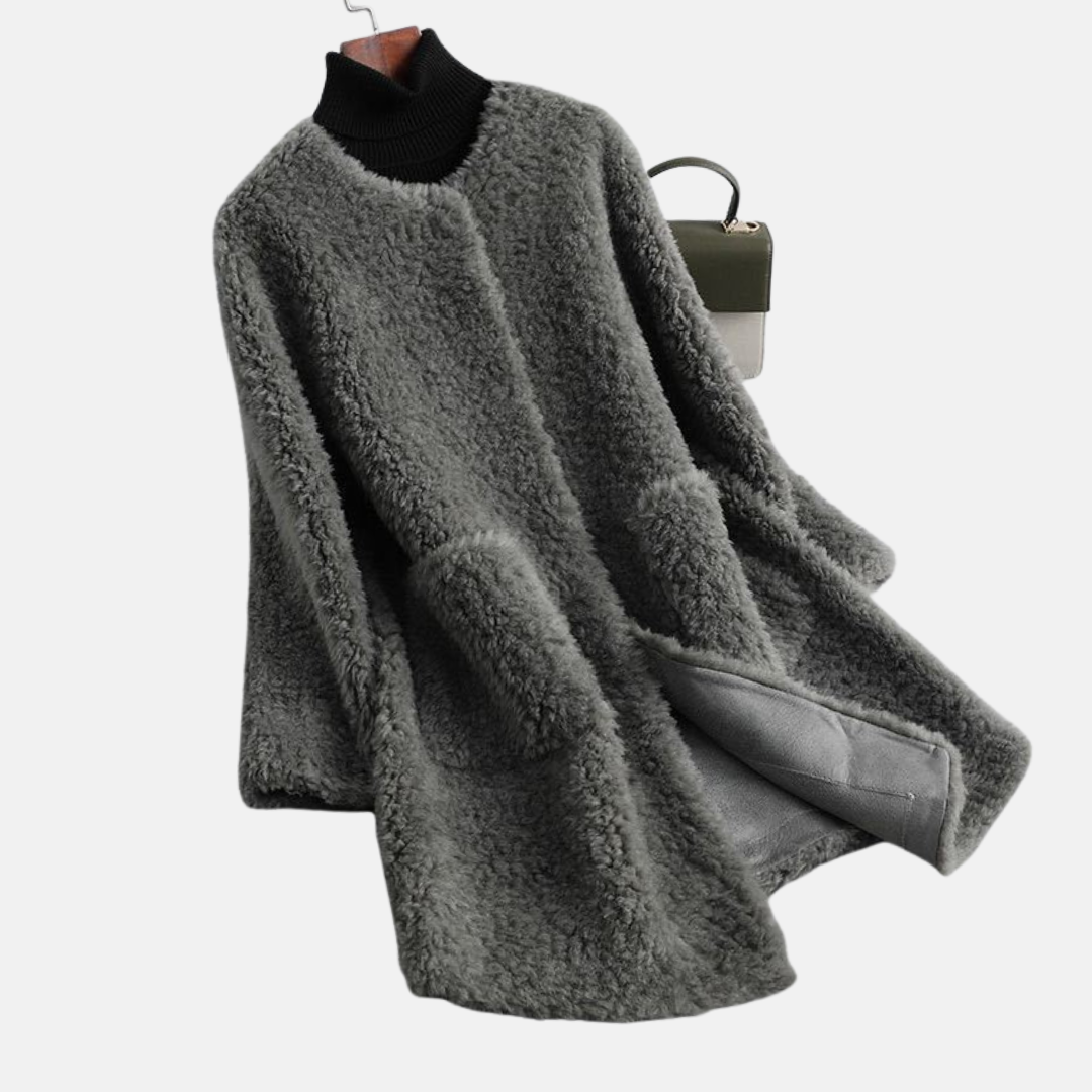 Women's open front faux fur coat mid-thigh length in cozy chic winter white fluffy texture