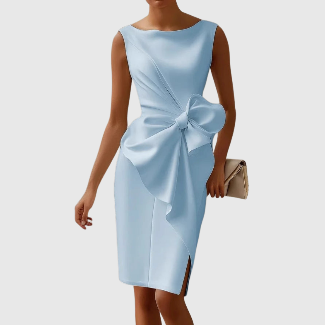 Black sleeveless midi dress boat neckline pencil silhouette sculptural side bow detail women
