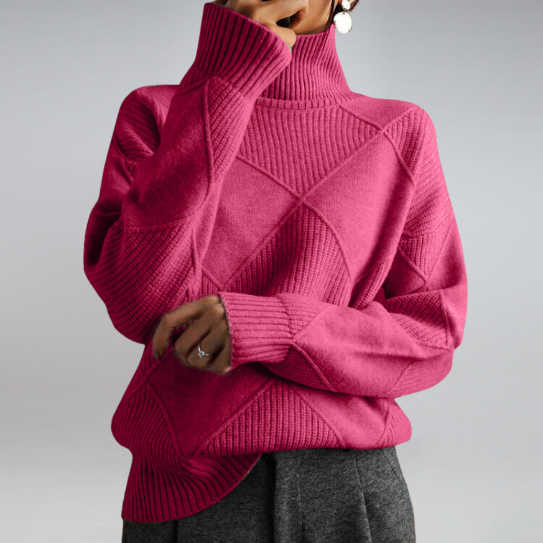 Beige ribbed turtleneck sweater relaxed fit with diamond knit texture pattern for fall winter