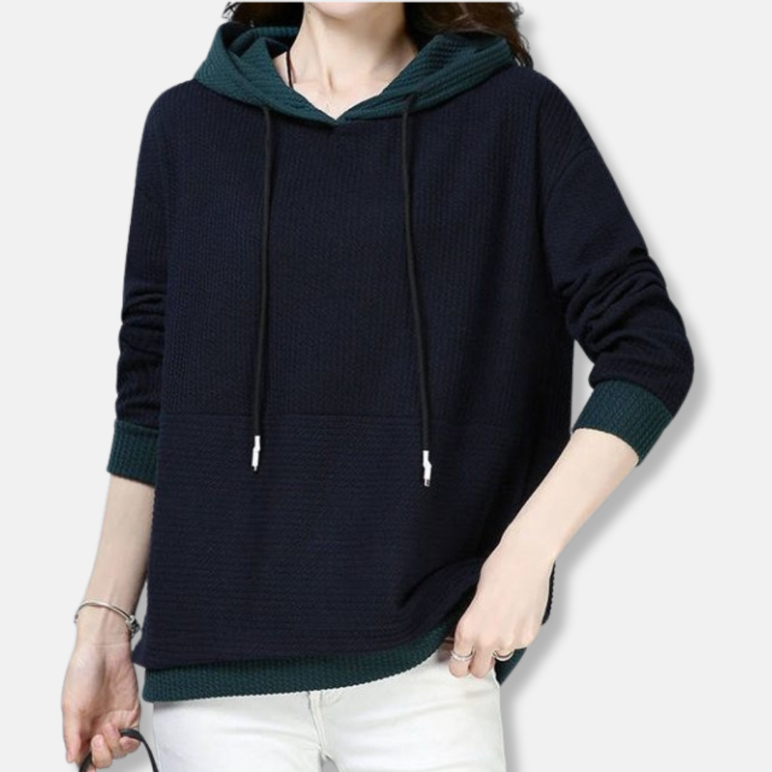 Women's gray knit textured loose fit tunic length hooded sweatshirt with adjustable hood