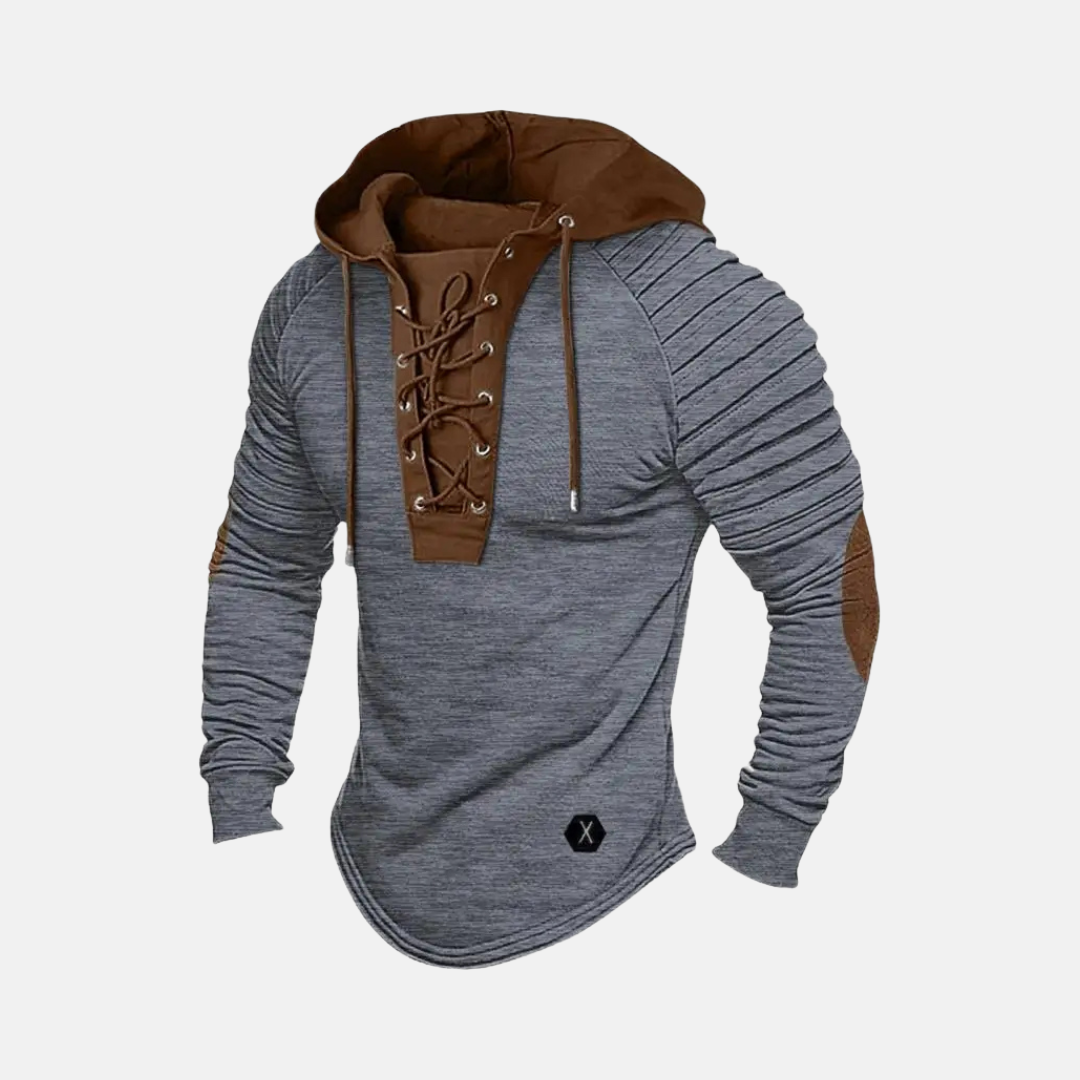 Men's slim fit hip-length hoodie with lace-up neck placket and ribbed sleeves in casual style