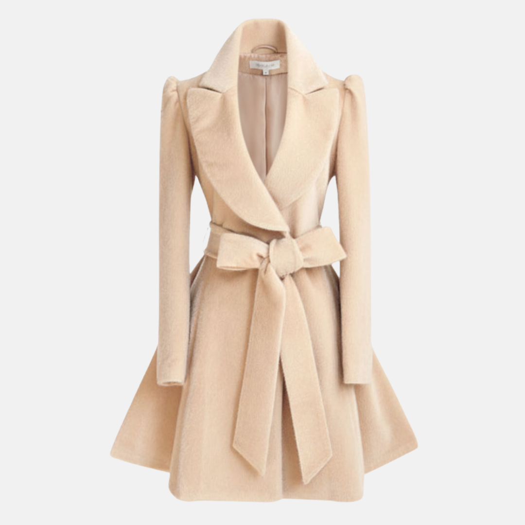 Women's slim fit wool blend coat with belted bow waist, A-line skirt silhouette, long sleeves