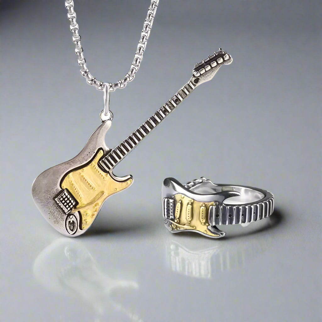 Vintage-inspired electric guitar adjustable metal ring set for music lovers, gold-tone finish