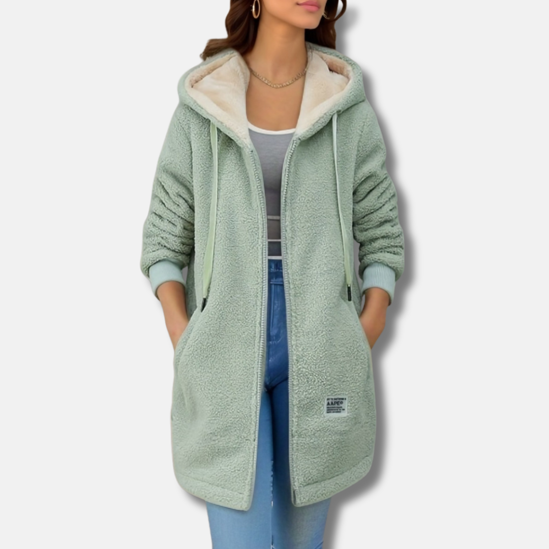 Women's oversized mid-length hooded jacket in plush faux vegan leather with zipper front closure