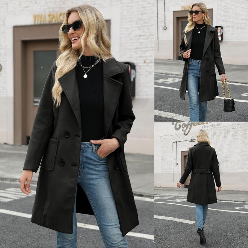 Maribel mid-length double-breasted wool-blend coat in neutral tone, slim structured silhouette