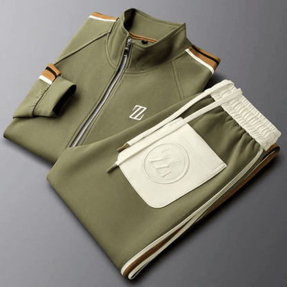 Men's gray tracksuit set zip-up jacket high collar tapered pants side pockets athletic style