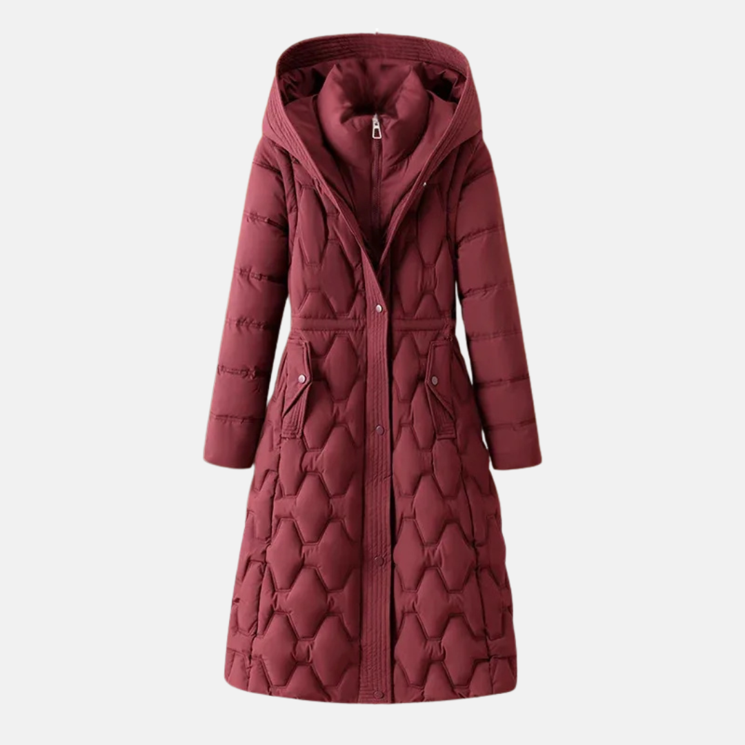 Women's long quilted jacket fitted waist hood snap closure padded insulation sleek winter coat