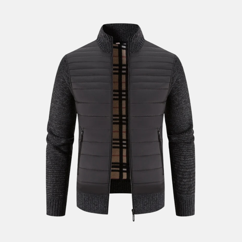 Men's slim fit hybrid padded jacket with quilted torso and ribbed knit sleeves for cold weather
