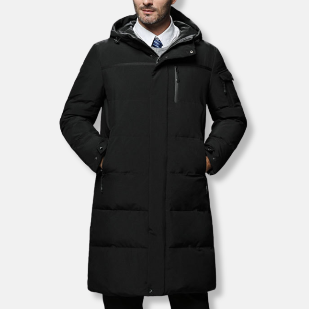 Men's full-length hooded puffer jacket water-resistant winter coat with zip pockets in sleek silhouette