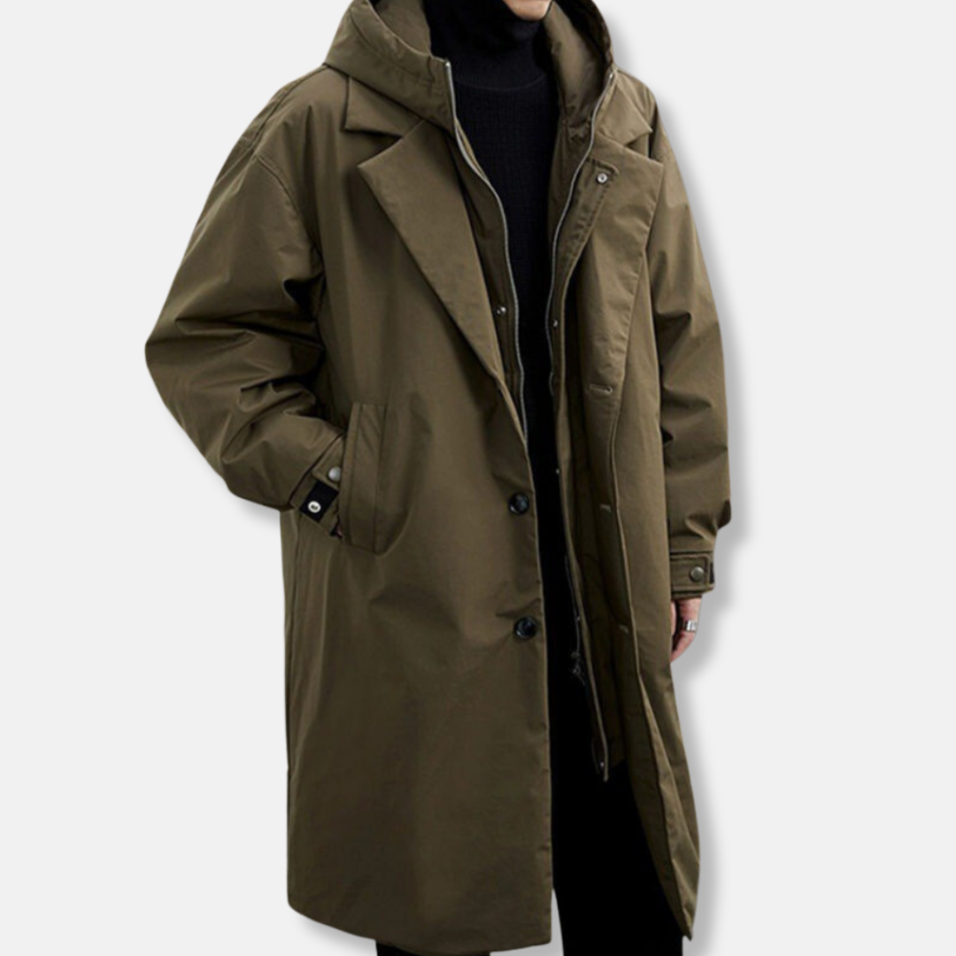 Men's oversized hooded coat synthetic blend mid-thigh length relaxed fit winter outerwear