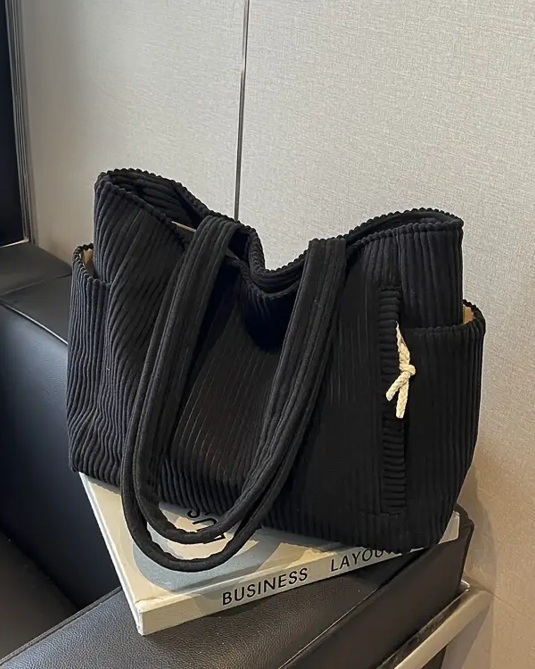 Aubrey soft ribbed corduroy tote bag in neutral tone, roomy open interior for everyday use
