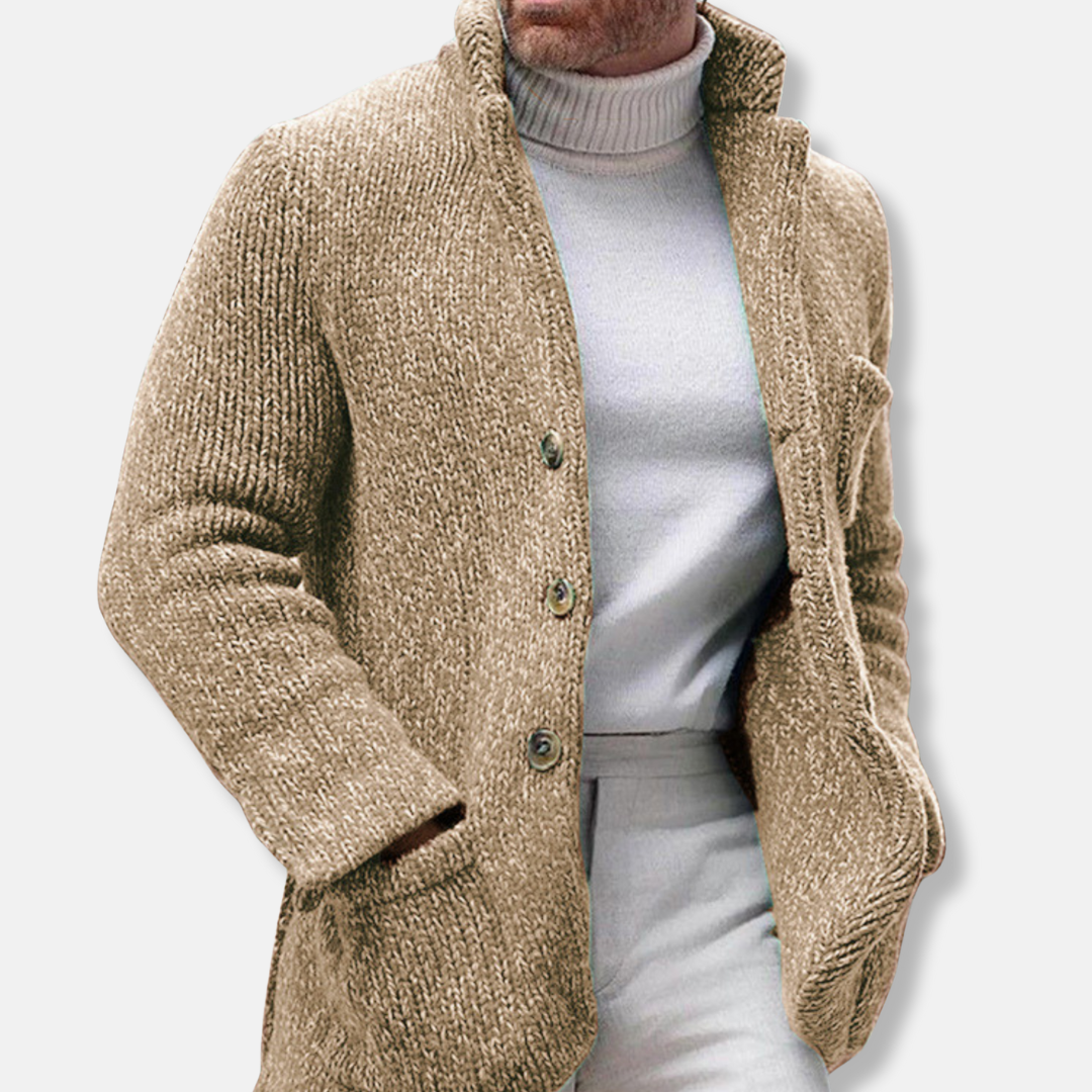 Men's textured knit cardigan stand collar single breasted patch pockets smart casual gray