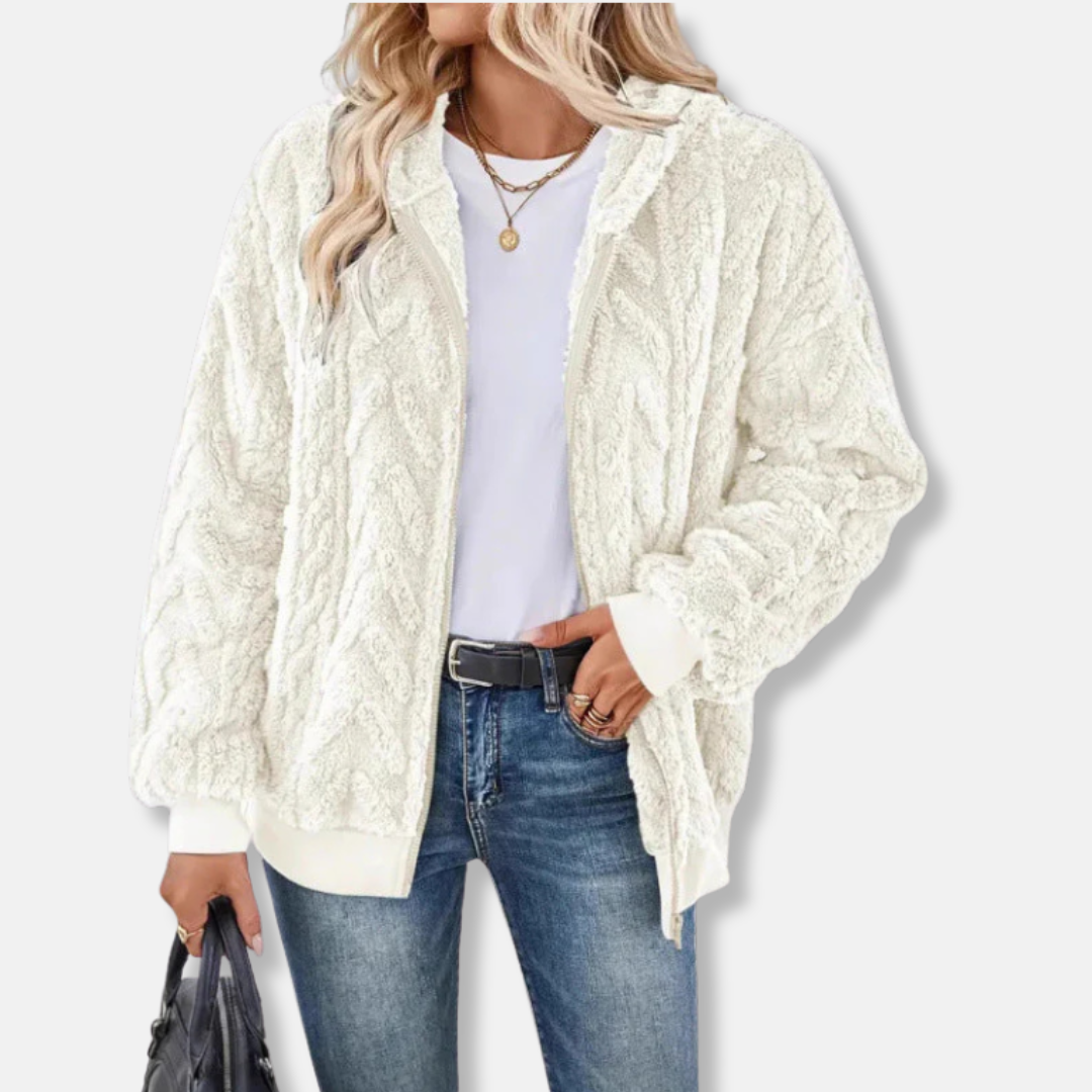 Women's oversized plush knit hooded jacket in cozy full-zip relaxed fit with velvety-soft texture