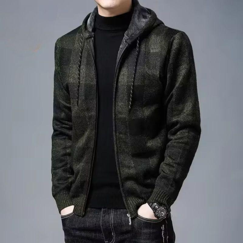 Men's plaid fleece zip-up hoodie in warm tones, soft plush knit fabric for cold weather comfort