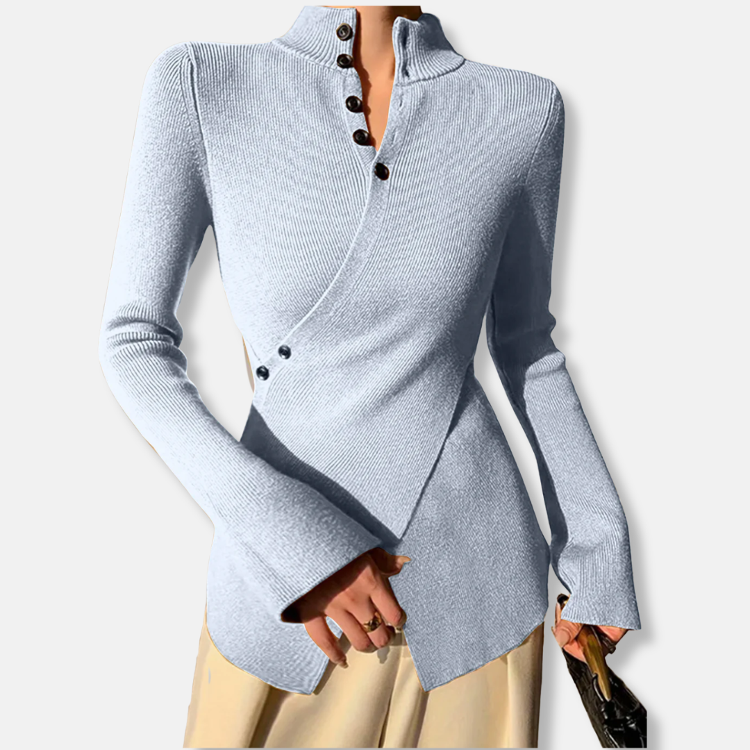Women's slim fit high neck knit sweater asymmetric hem button details office casual cotton