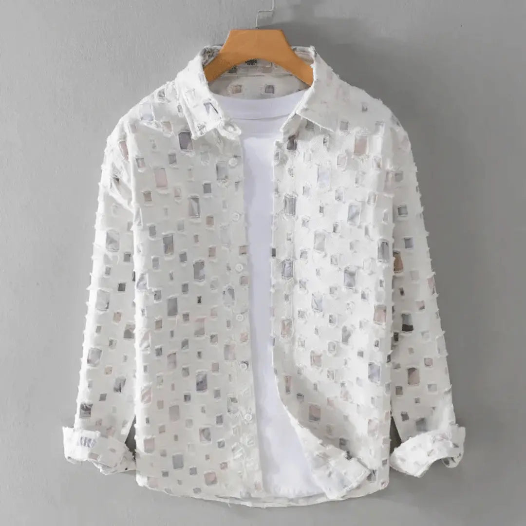 Alessandro blue patchwork denim shirt with frayed colorful edges for modern casual wear