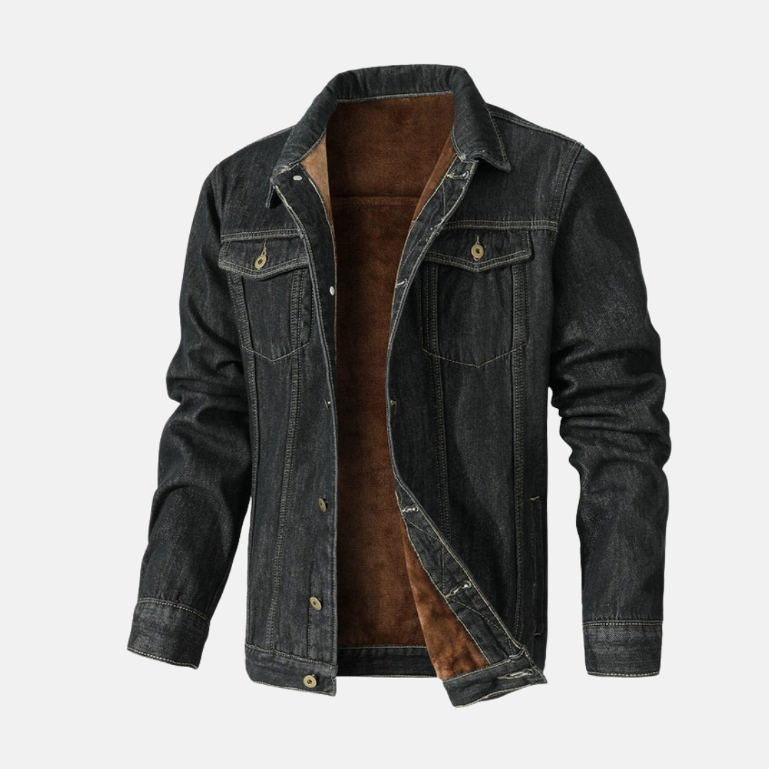 Men's blue denim waist-length jacket with sherpa lining and snap button closure for casual style