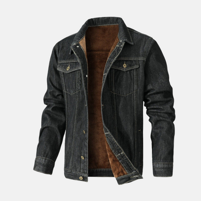 Men's blue denim waist-length jacket with sherpa lining and snap button closure for casual style