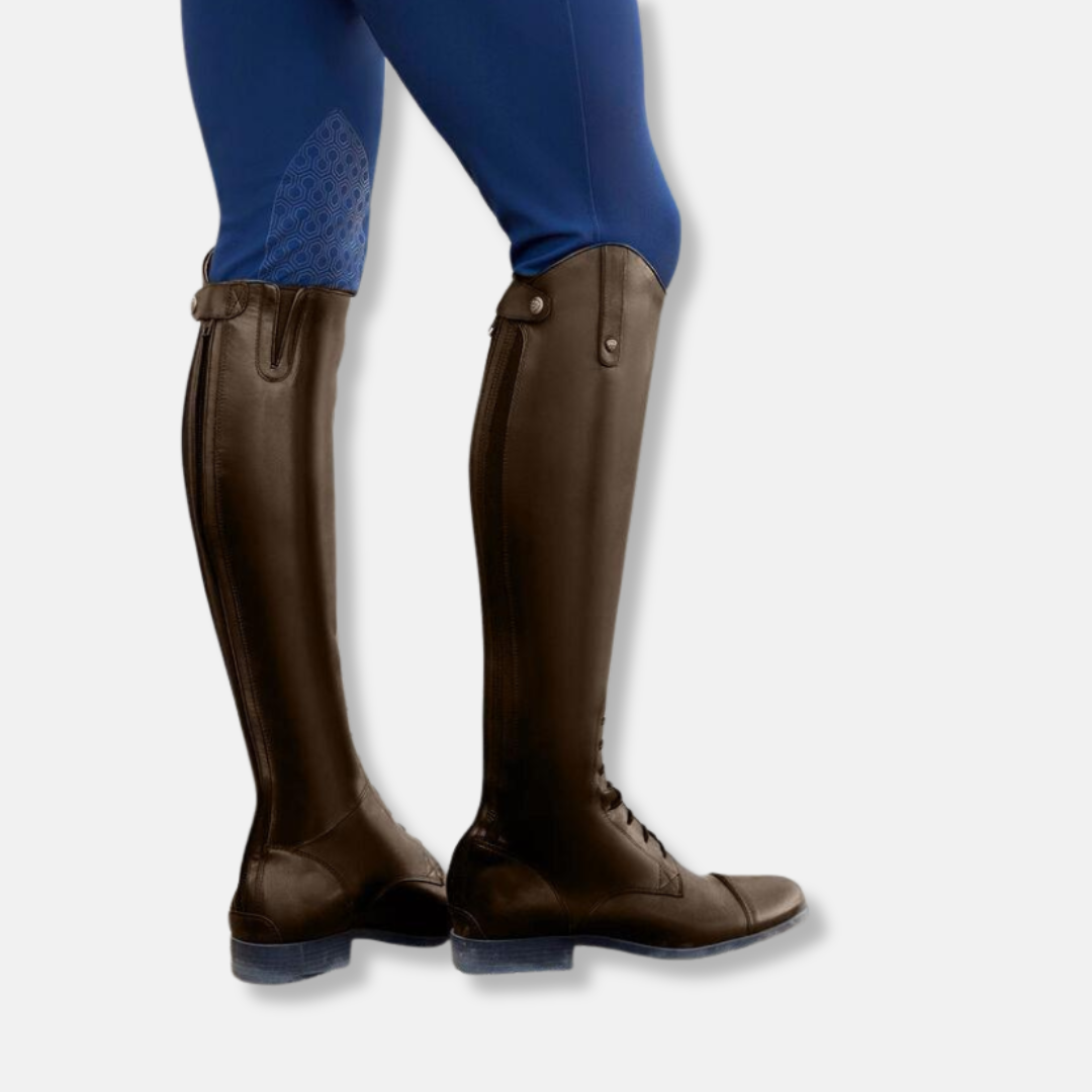 Women's brown leather knee-high boots with decorative front lacing and back zipper closure