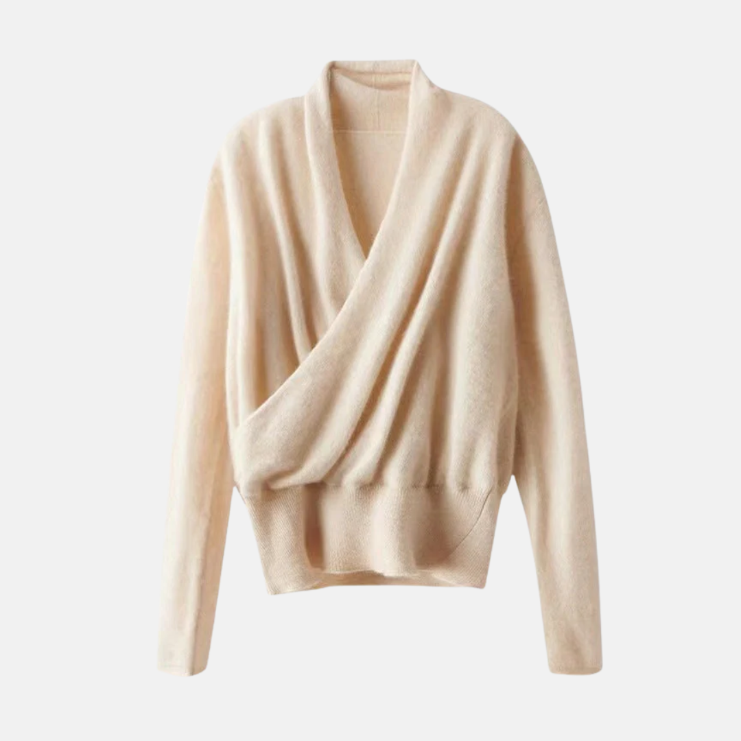 Women's soft knit wrap sweater relaxed fit long sleeve V-neck with ribbed waist detail