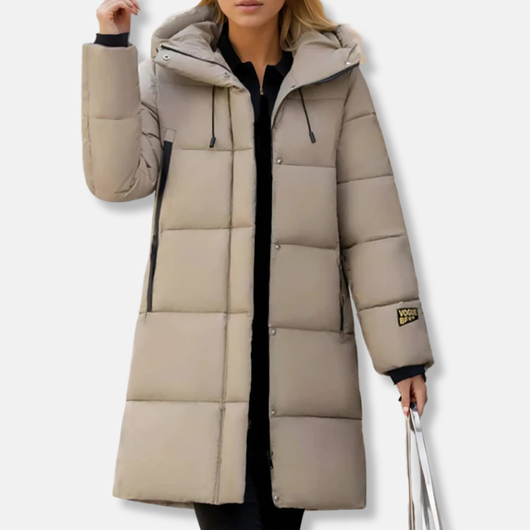 Women's long black quilted puffer coat oversized fit with hood, windproof insulated shell