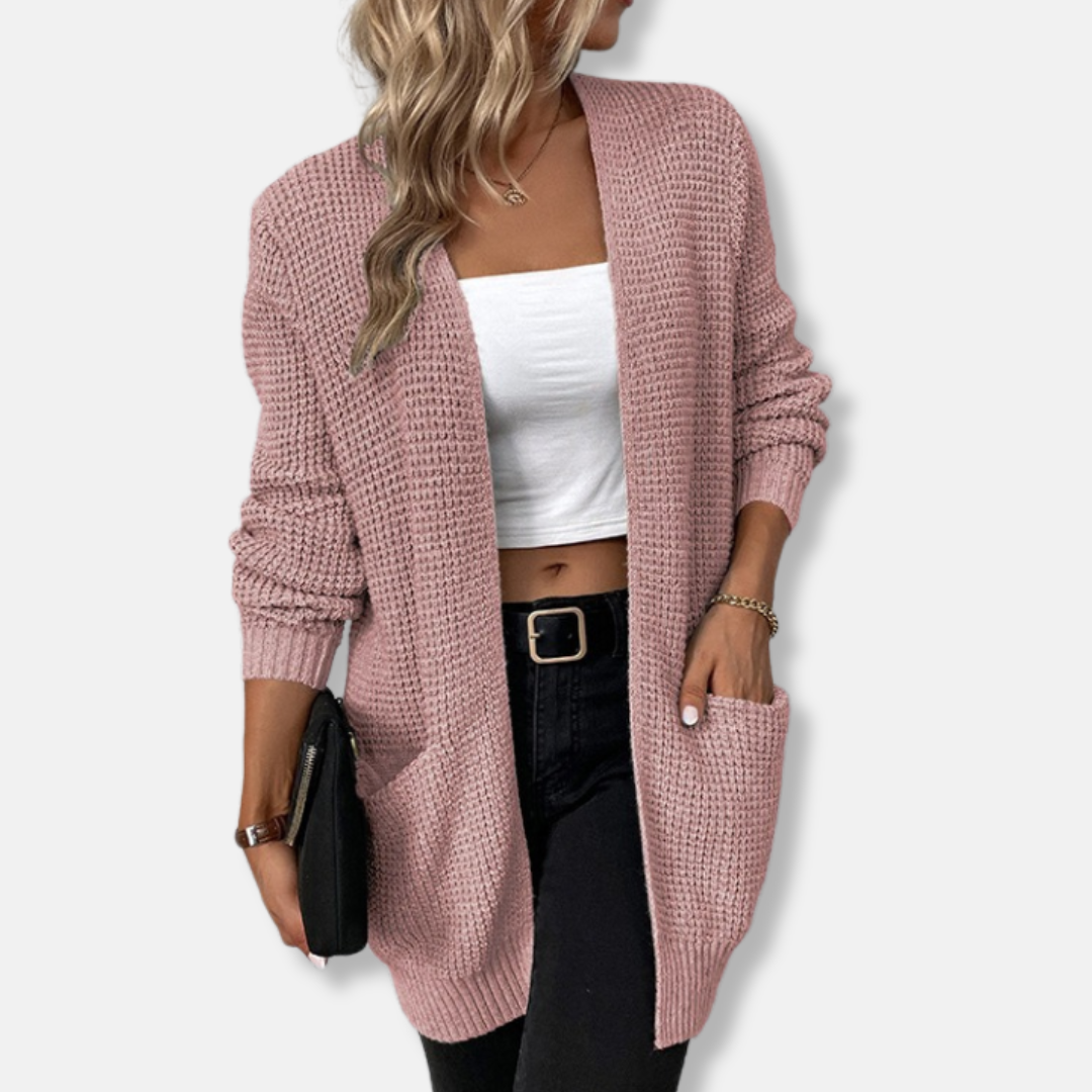 Women's relaxed fit open front waffle knit cardigan with patch pockets, cozy everyday essential