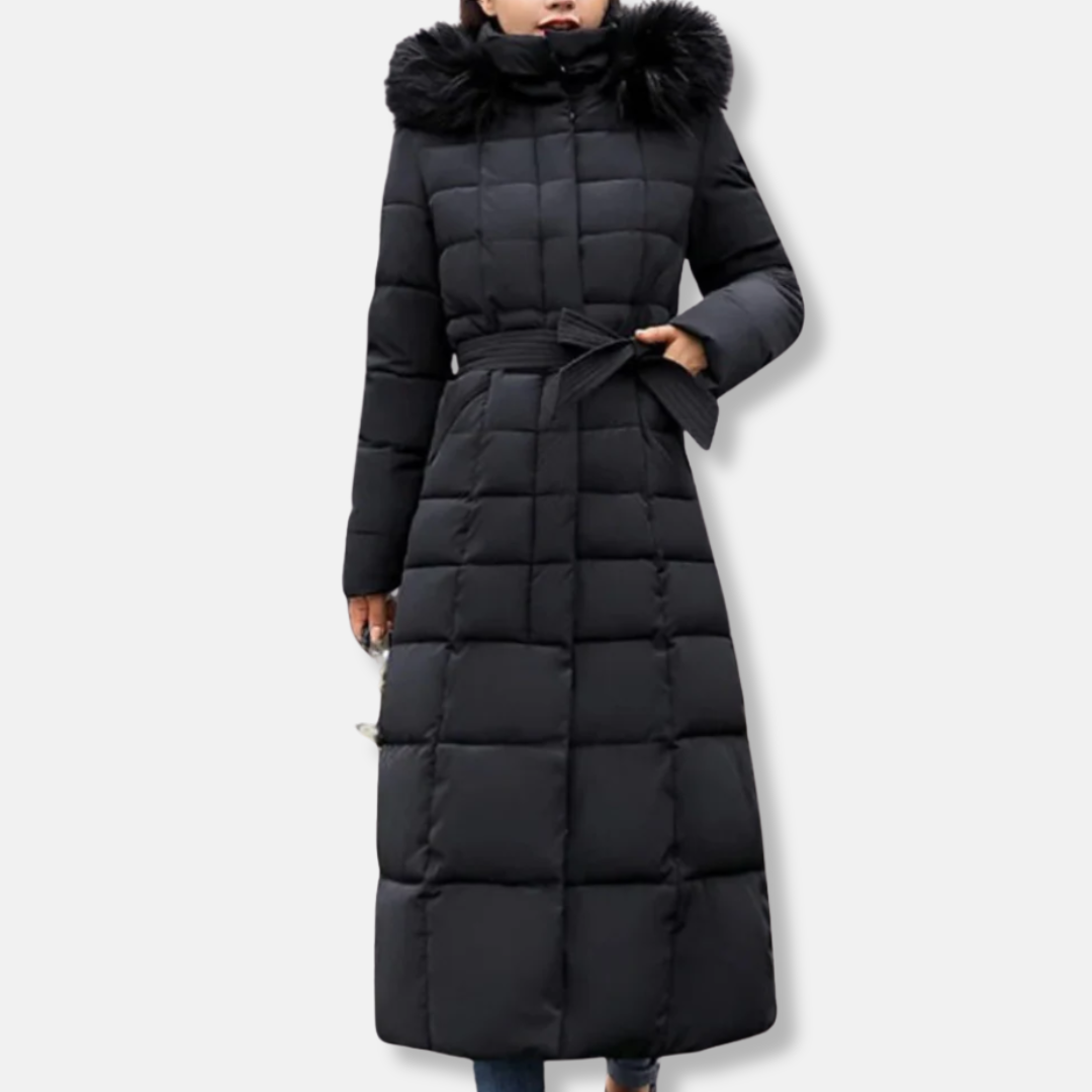 Women's long slim-fit quilted coat with belted waist, fur-trimmed hood, insulated winter style