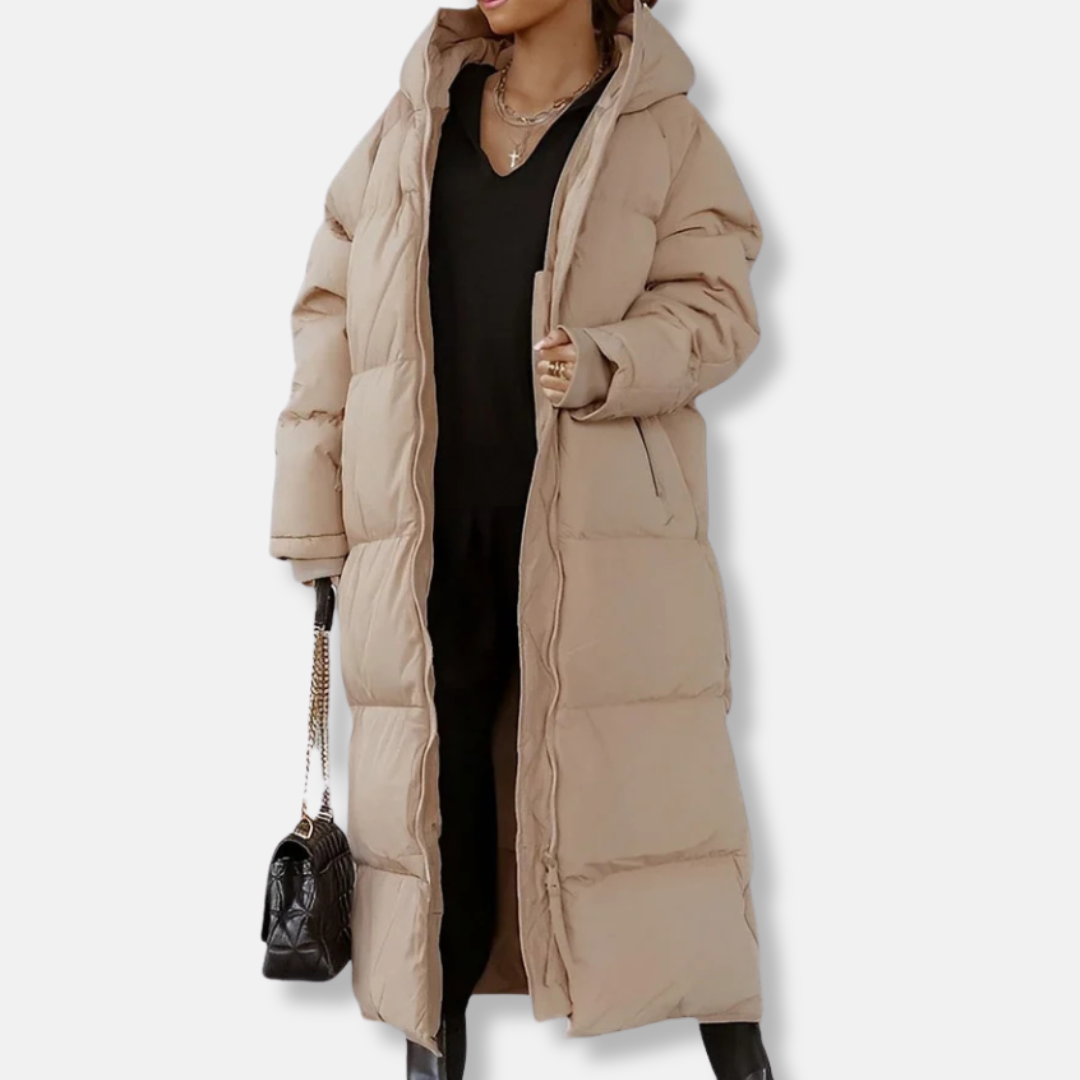 Women's oversized quilted padded long coat with hood, full-zip closure, winter essential