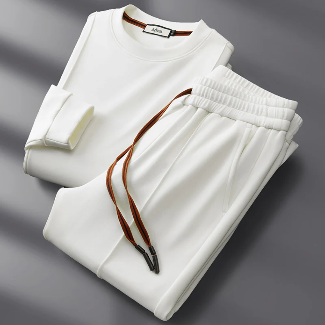 Beige cotton-silk tracksuit set with crew-neck sweatshirt, straight-leg trousers, and contrast drawstring