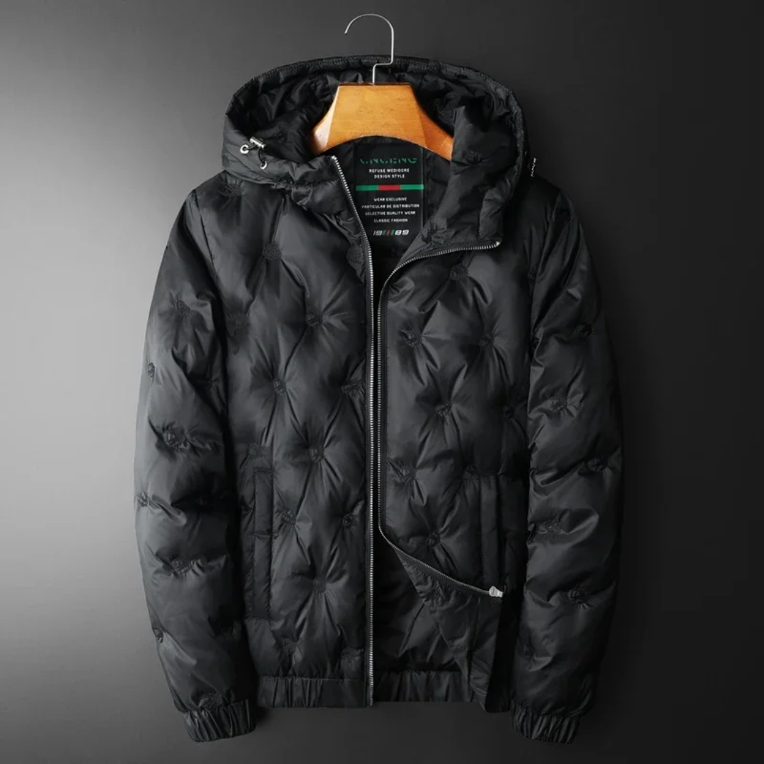 Norvind men's black quilted down jacket with hood, lightweight slim fit for cold winter days