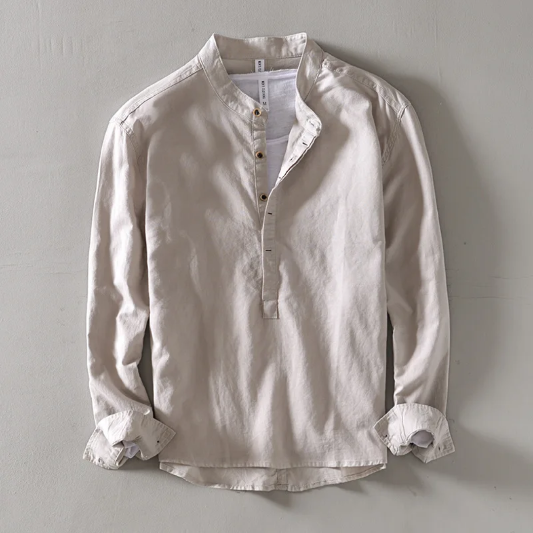Men's light linen shirt relaxed fit mandarin collar breathable premium warm-weather essential