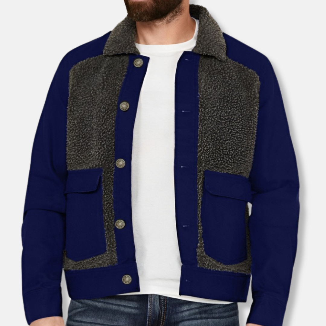 Men's patchwork sherpa collar coat regular fit waist-length button-up warm rugged outerwear
