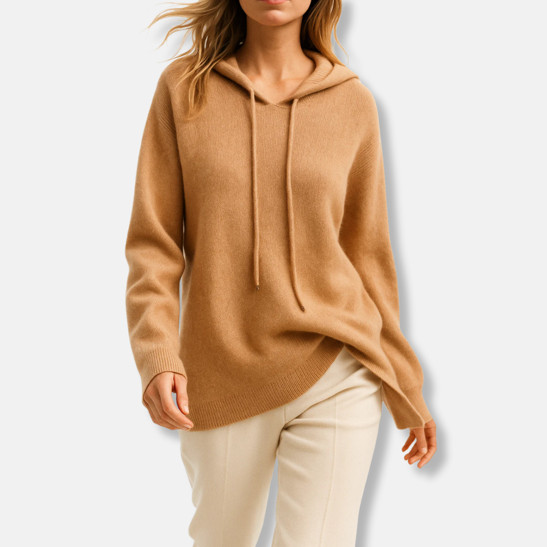 Women's cozy knit hoodie relaxed fit with raglan sleeves, sophisticated casual style in neutral tone