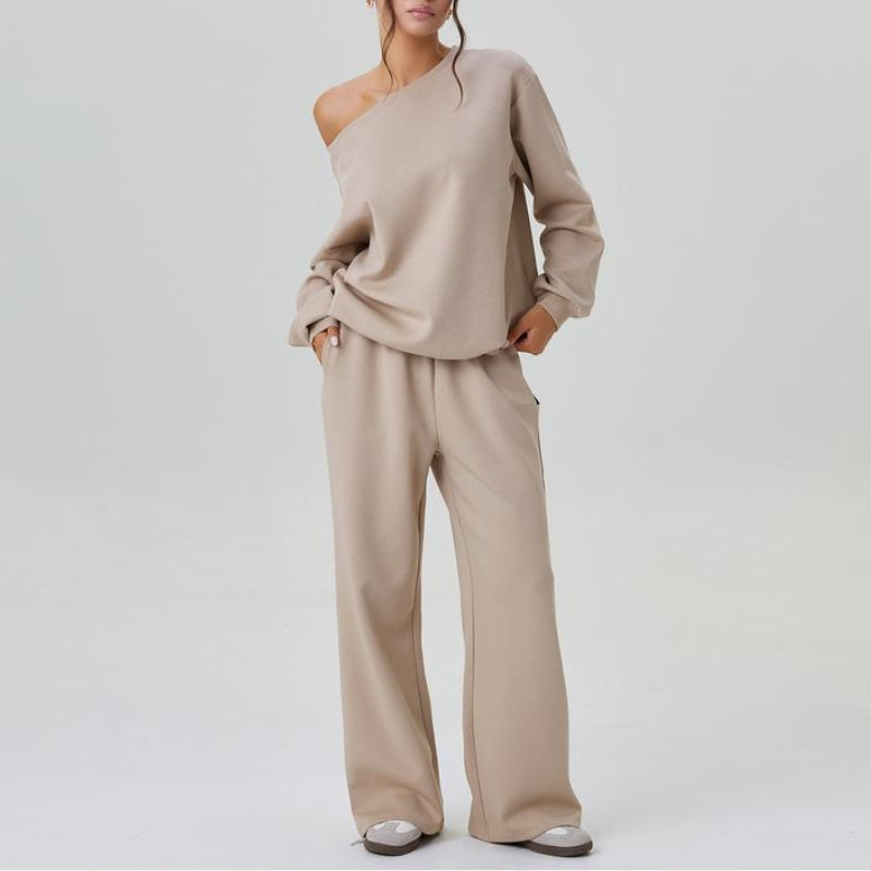 Marlowe soft knit co-ord set with sloping shoulder top and wide-leg trousers neutral tones