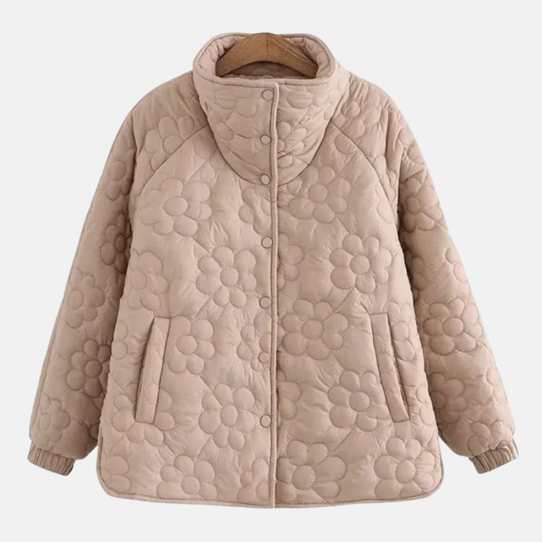 Women's quilted floral PU leather jacket stand collar relaxed hip-length fit everyday comfort