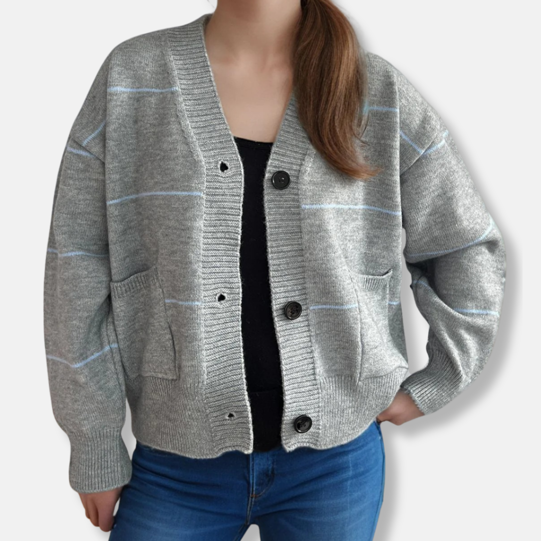 Women's loose fit V-neck cardigan in medium-weight knit, hip-length long sleeve style