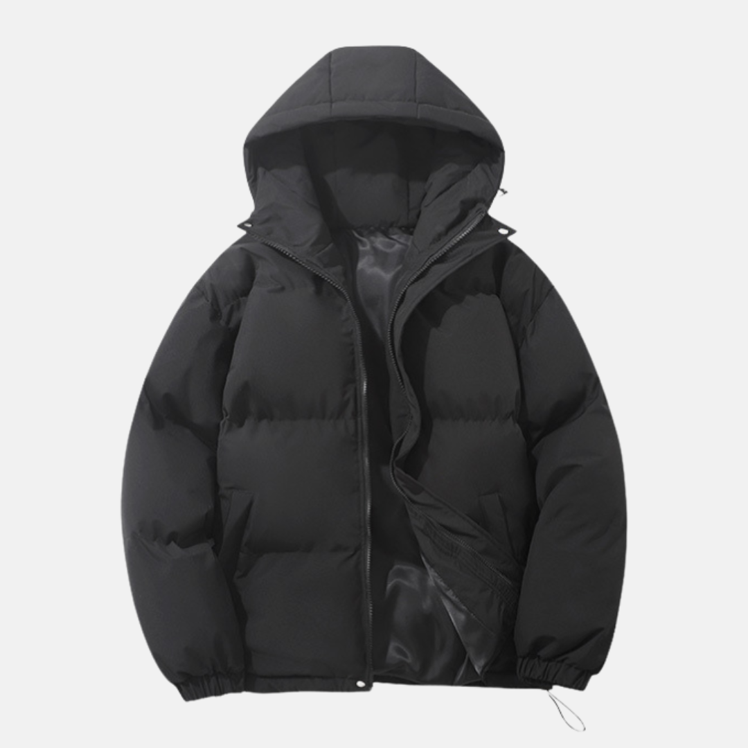 Men's black padded hooded puffer coat relaxed quilted silhouette with elastic hem winter outerwear
