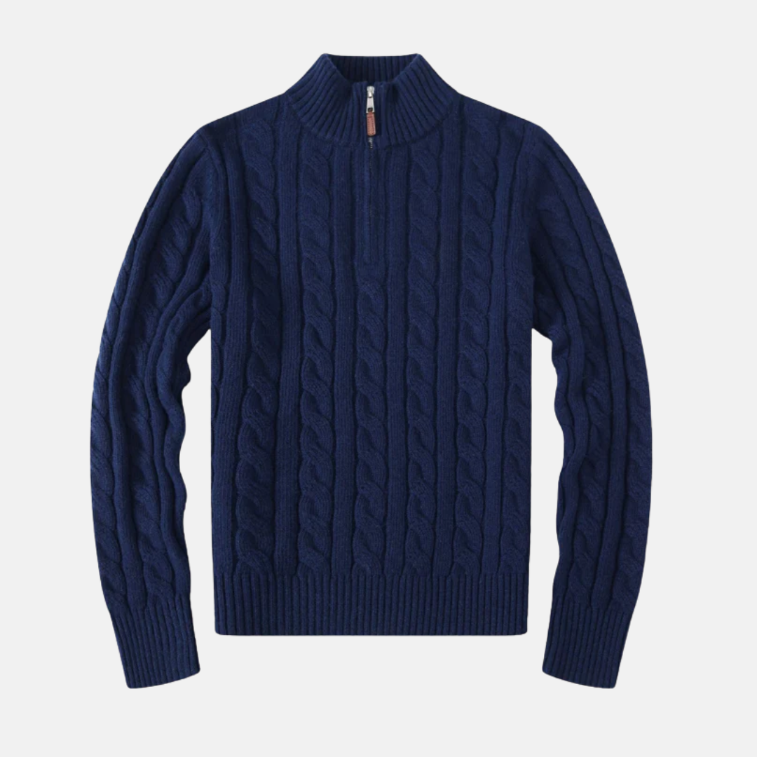 Men's cream cable knit half-zip sweater with stand-up collar, regular fit cotton-blend essential
