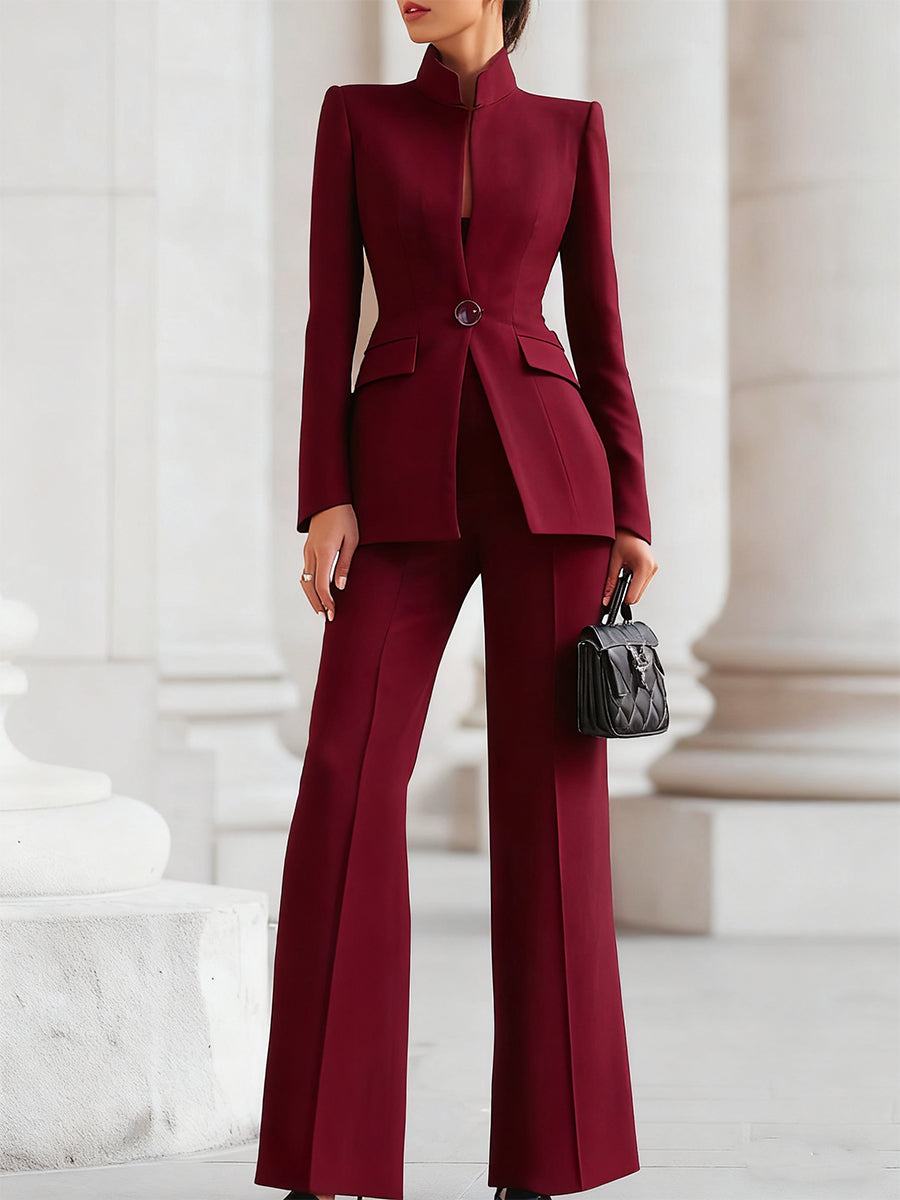 Women's ivory stand collar blazer and wide leg pants suit set with structured tailored silhouette