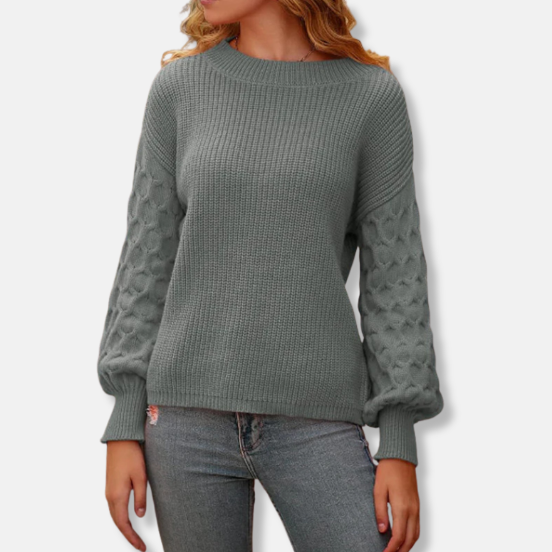Women's knit pullover sweatshirt relaxed fit round neck with voluminous balloon sleeves soft medium weight