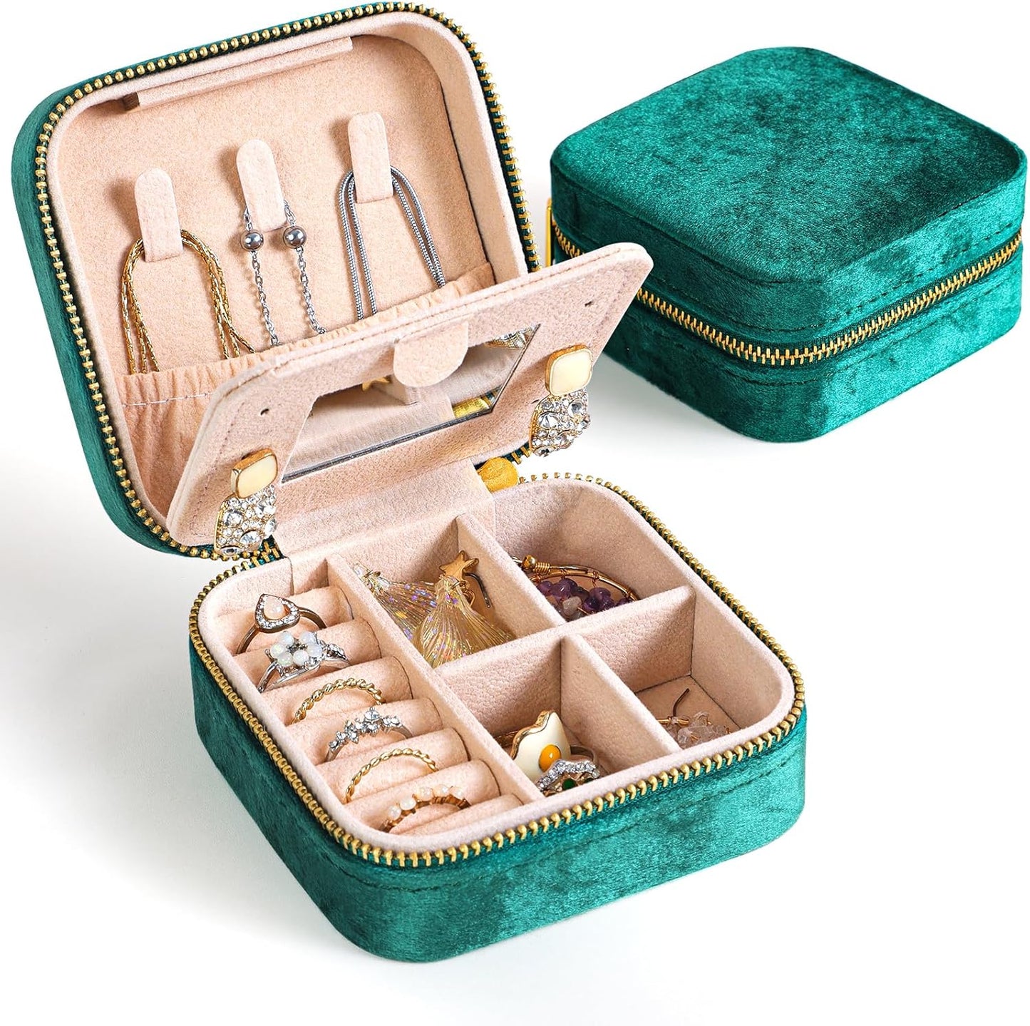 Rivelle velvet-lined jewelry box, compact travel-friendly case with secure zipper closure